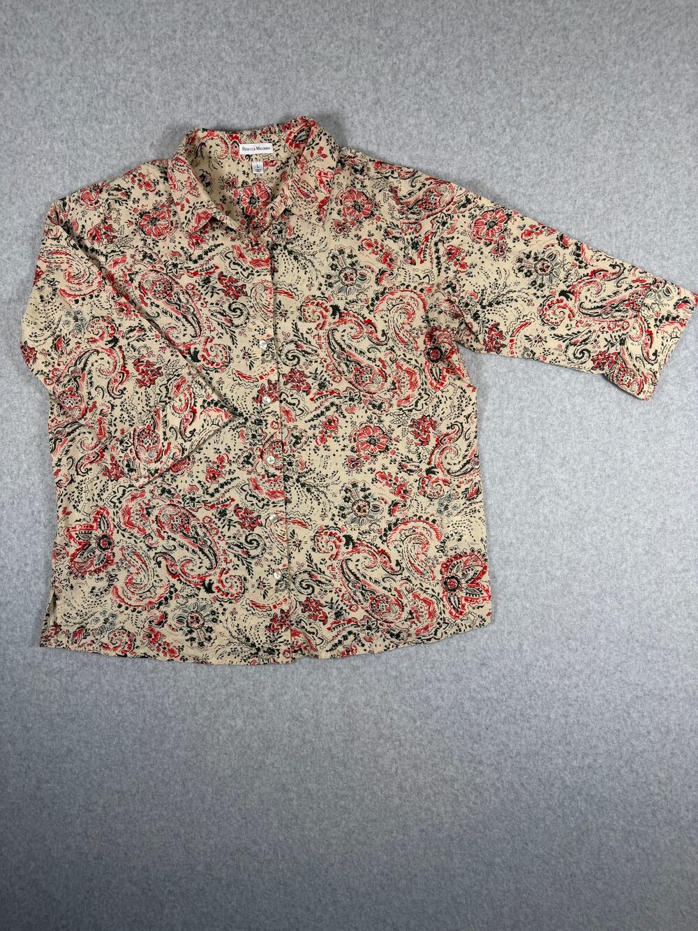 Rebecca Malone Floral Paisley Button Up Womens Sz Large 3/4 Sleeve 100% Cotton